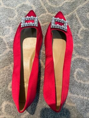 J. Crew Factory Red Satin Pointed Flats with Crystal Buckle
